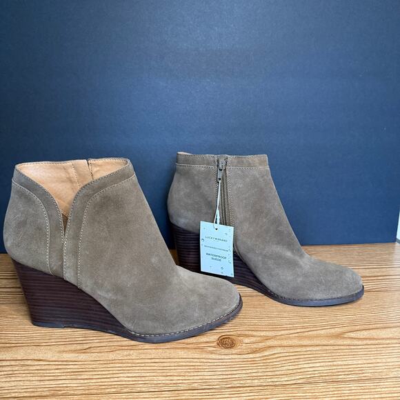 Lucky Brand Waterproof Leather Suede Wedge Yimina Ankle Boot Booties Sz 10 Green - Picture 1 of 16
